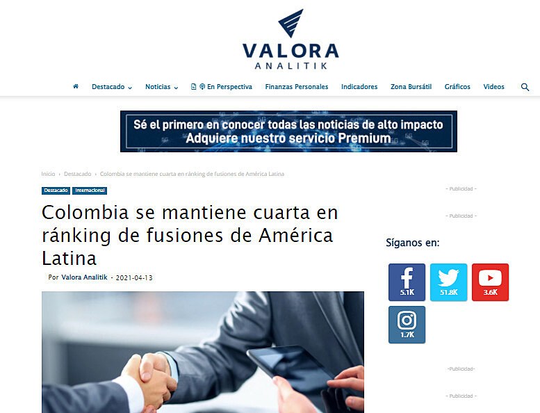 Colombia se mantiene cuarta en rnking de fusiones de Amrica Latina